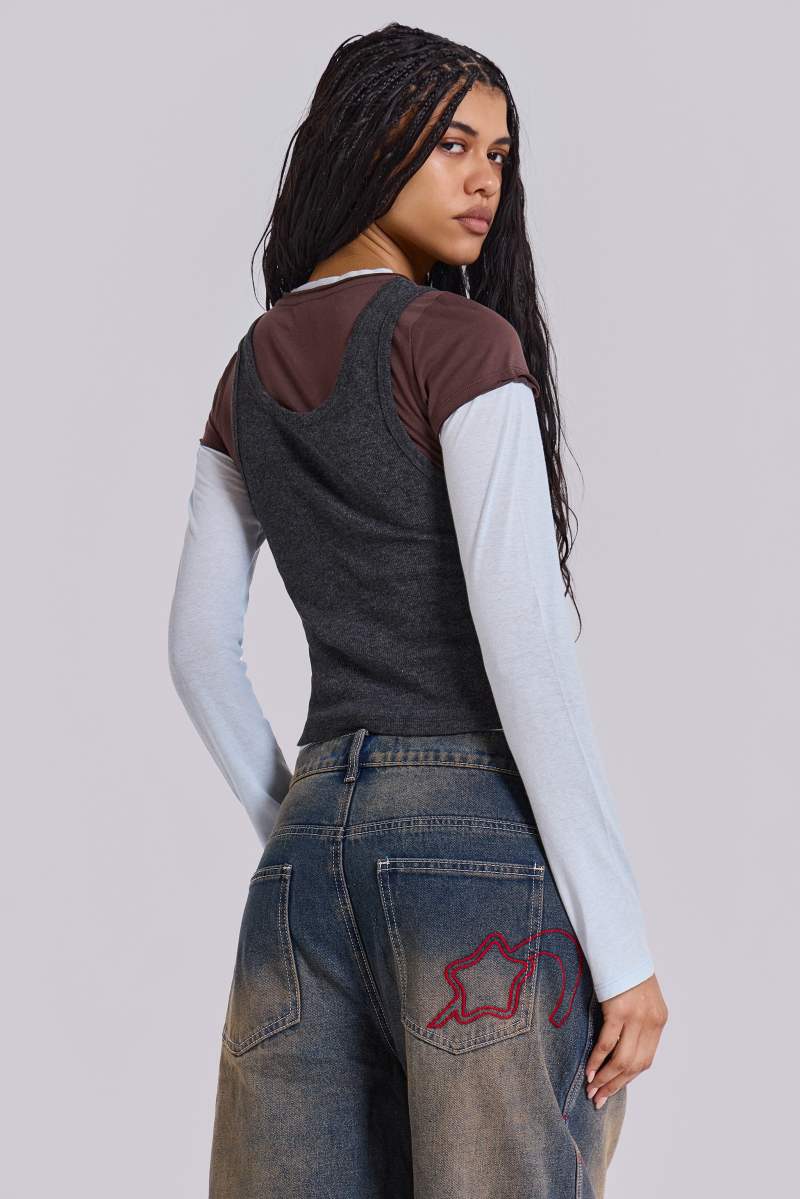 Jaded London Lexie Triple Layer Long Sleeve Top In Grey Grey