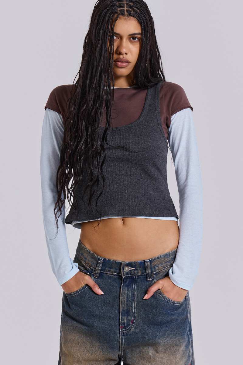jaded london Lexie Triple Layer Long Sleeve Top in Grey Grey