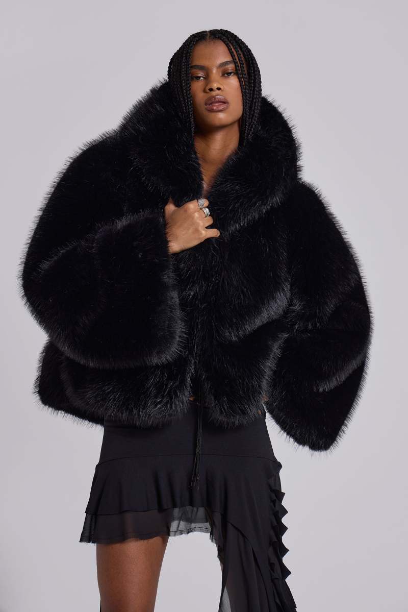 Jaded London Mara Oversized Faux Fur Coat In Black Black