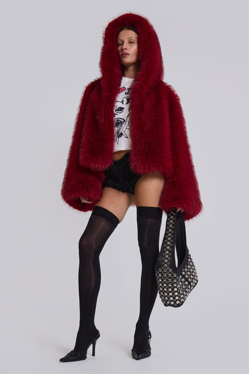 Jaded London Mara Oversized Faux Fur Coat In Red Red
