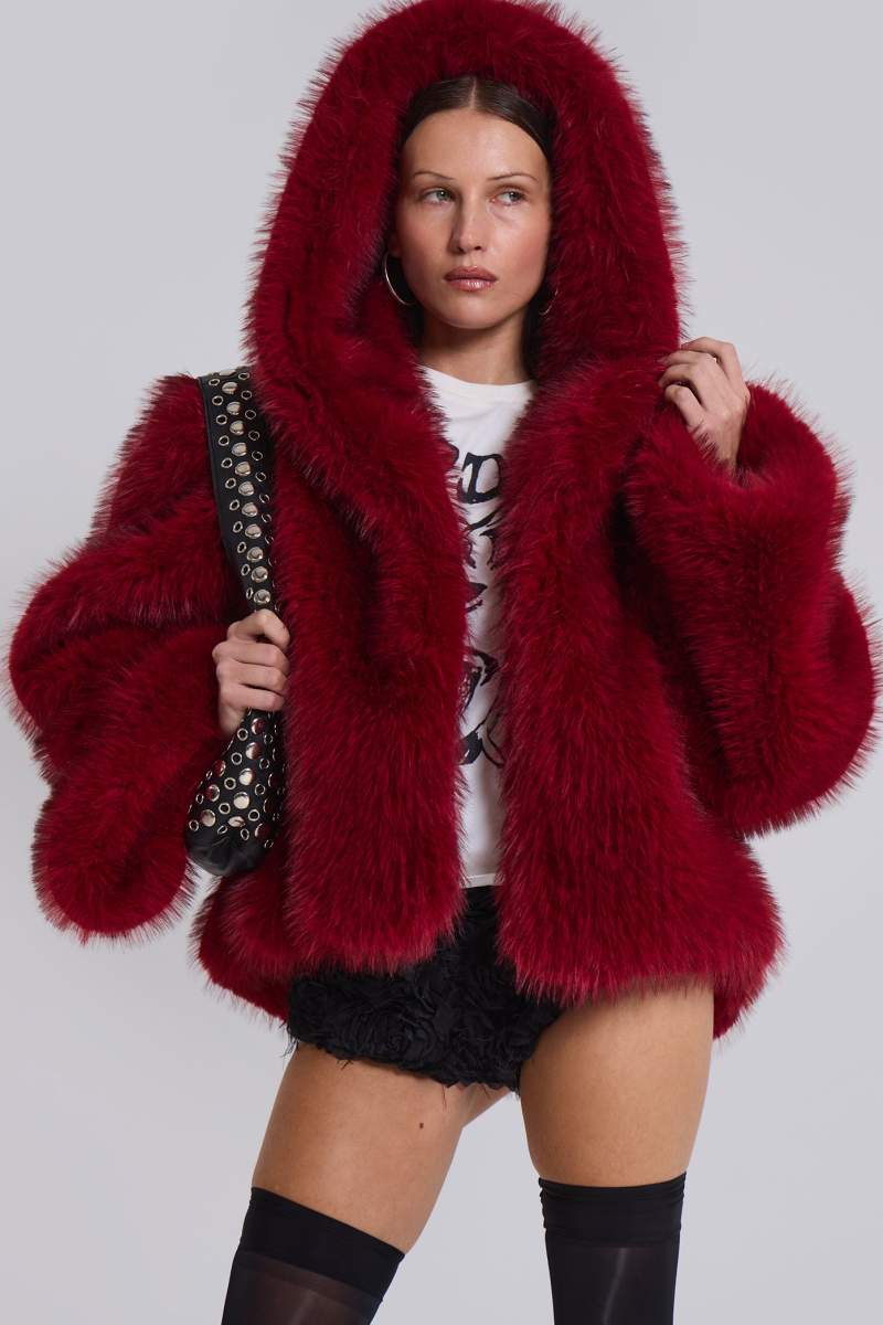 Jaded London Mara Oversized Faux Fur Coat In Red Red