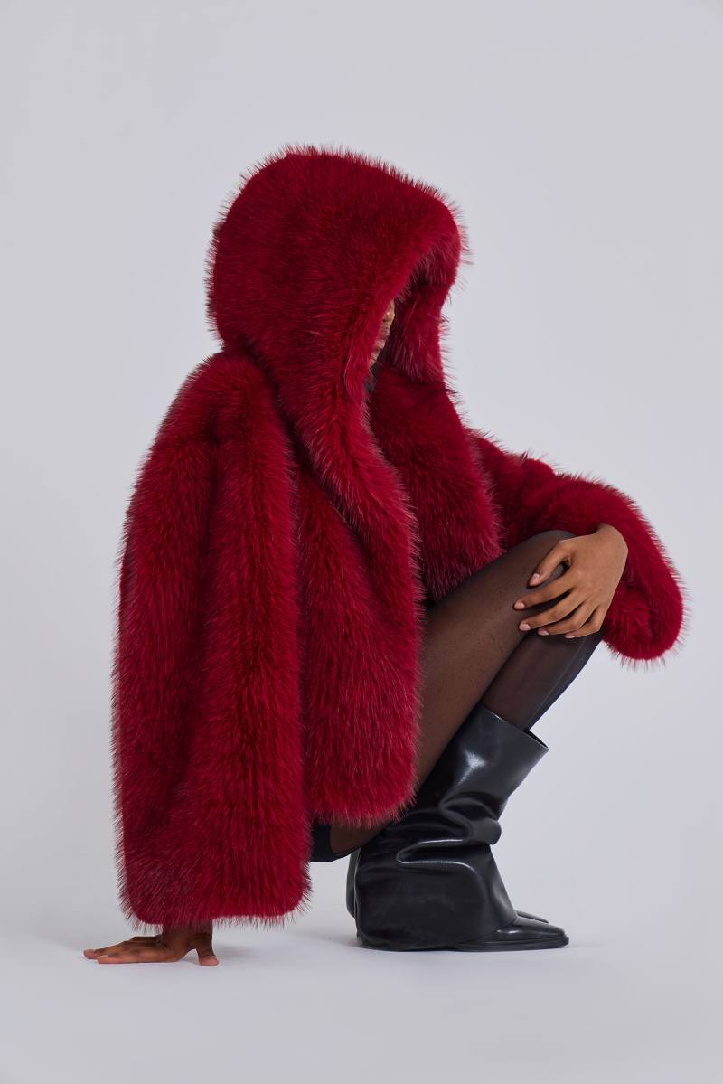 jaded london Mara Oversized Faux Fur Coat in Red Red