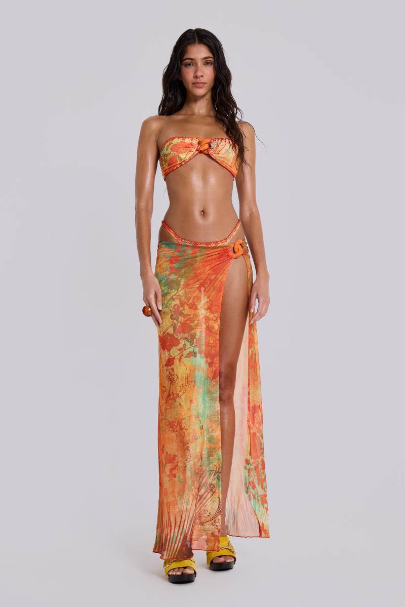 Jaded London Mari Asymmetric Maxi Skirt With Rattan Trim Multi