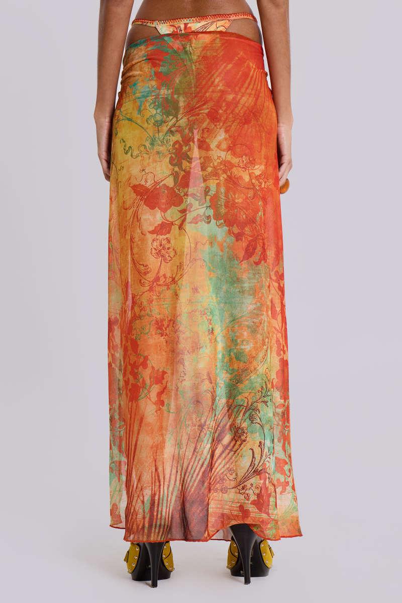 Jaded London Mari Asymmetric Maxi Skirt With Rattan Trim Multi