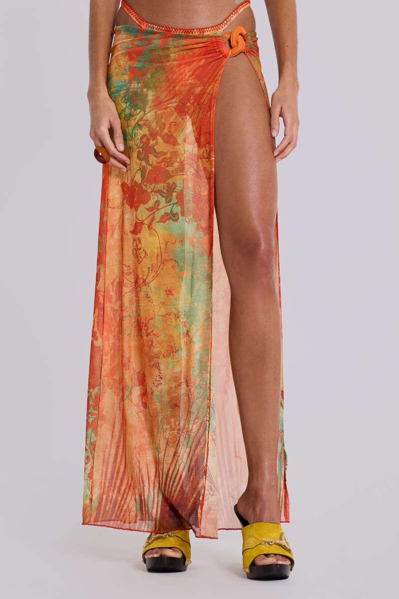 jaded london Mari Asymmetric Maxi Skirt With Rattan Trim Multi