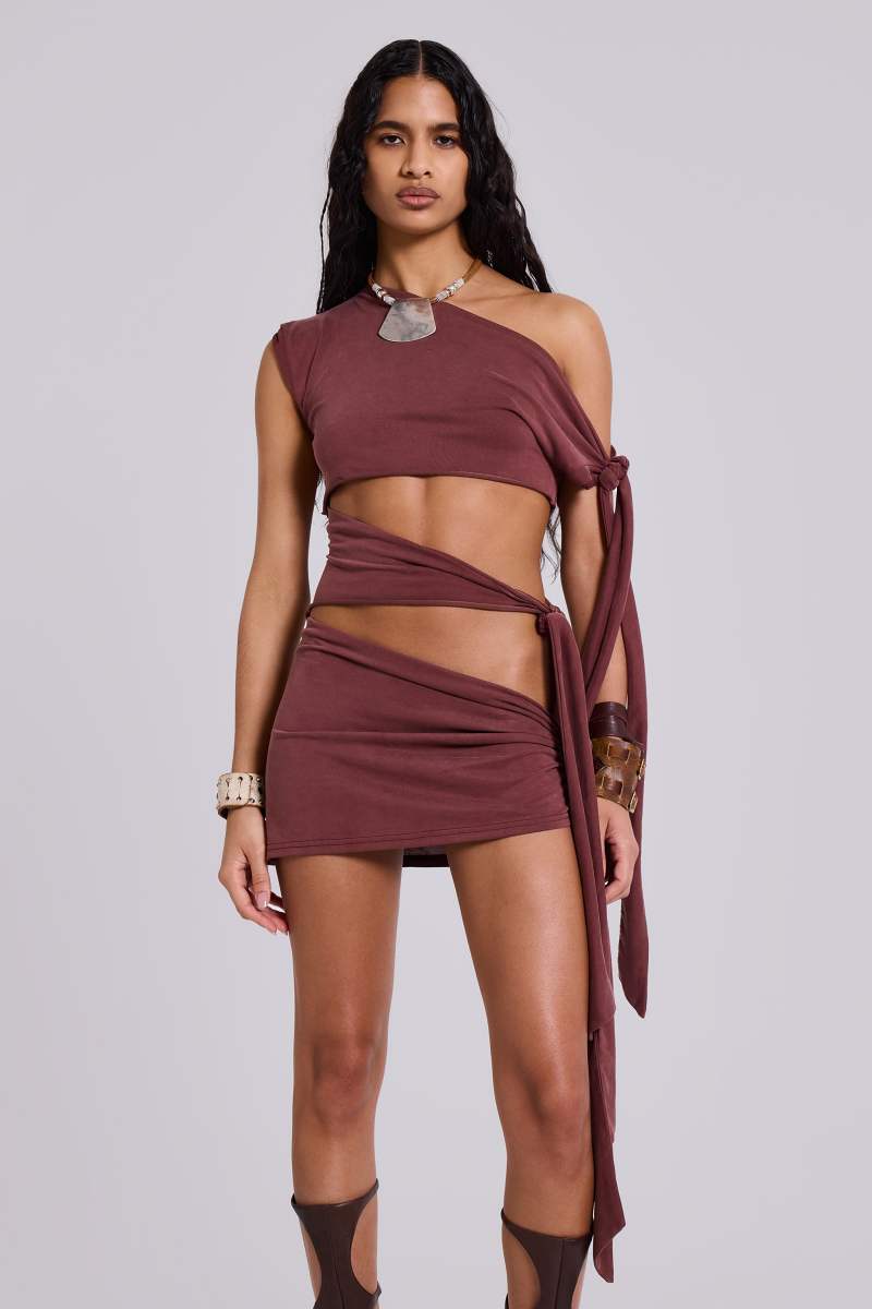 Jaded London Mena Asymmetric Mini Dress In Sienna Brown
