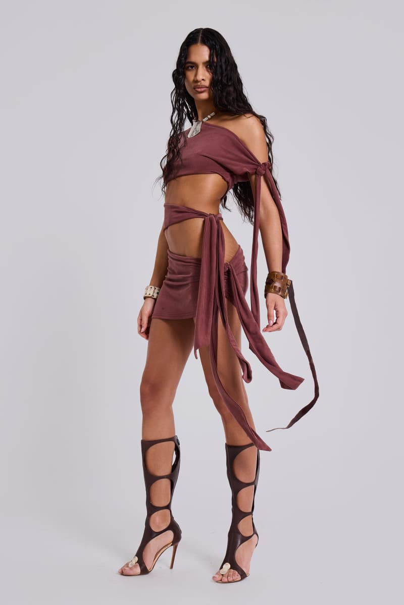 jaded london Mena Asymmetric Mini Dress in Sienna Brown