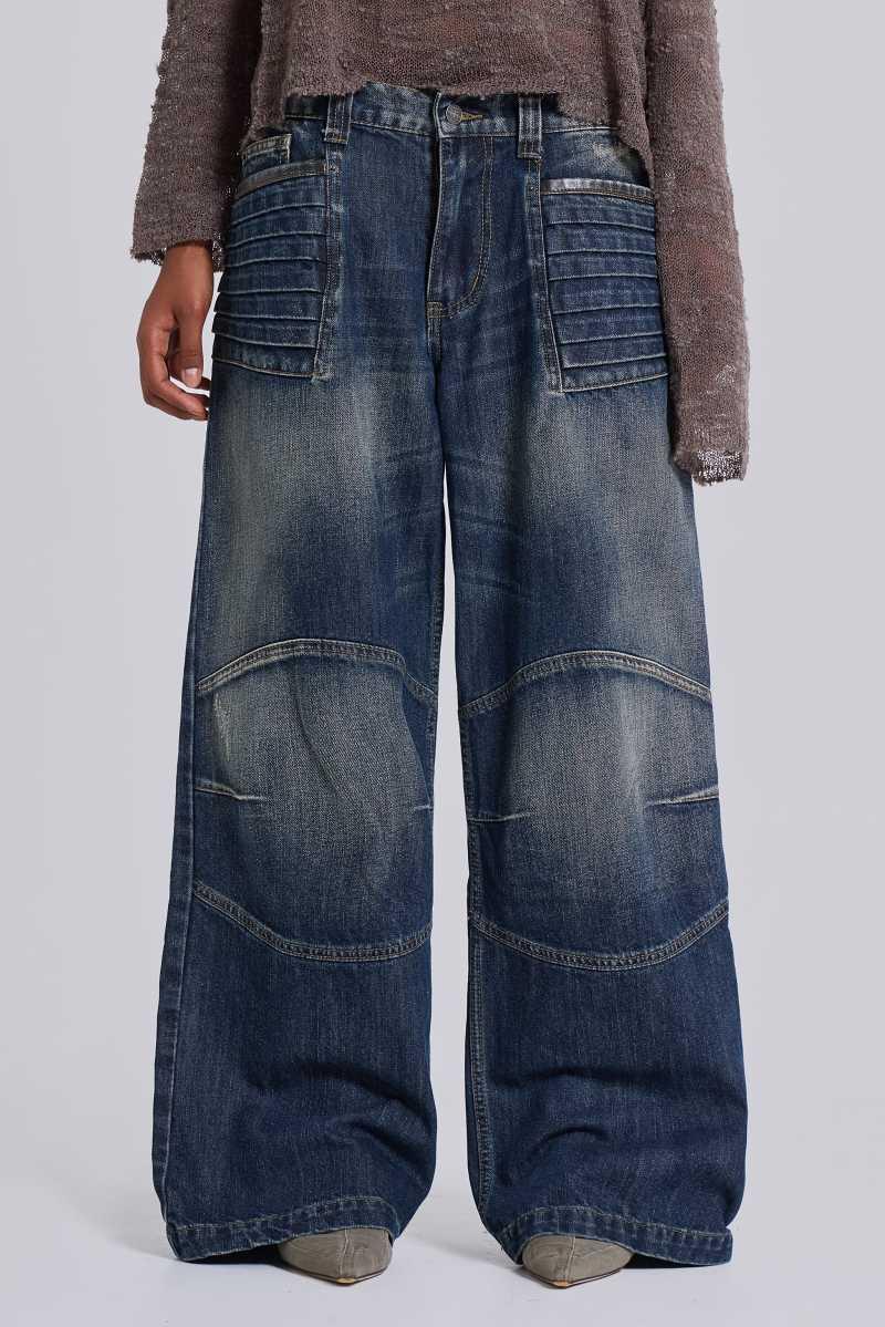 Jaded London Mid Blue Crash Biker Colossus Jeans Blue