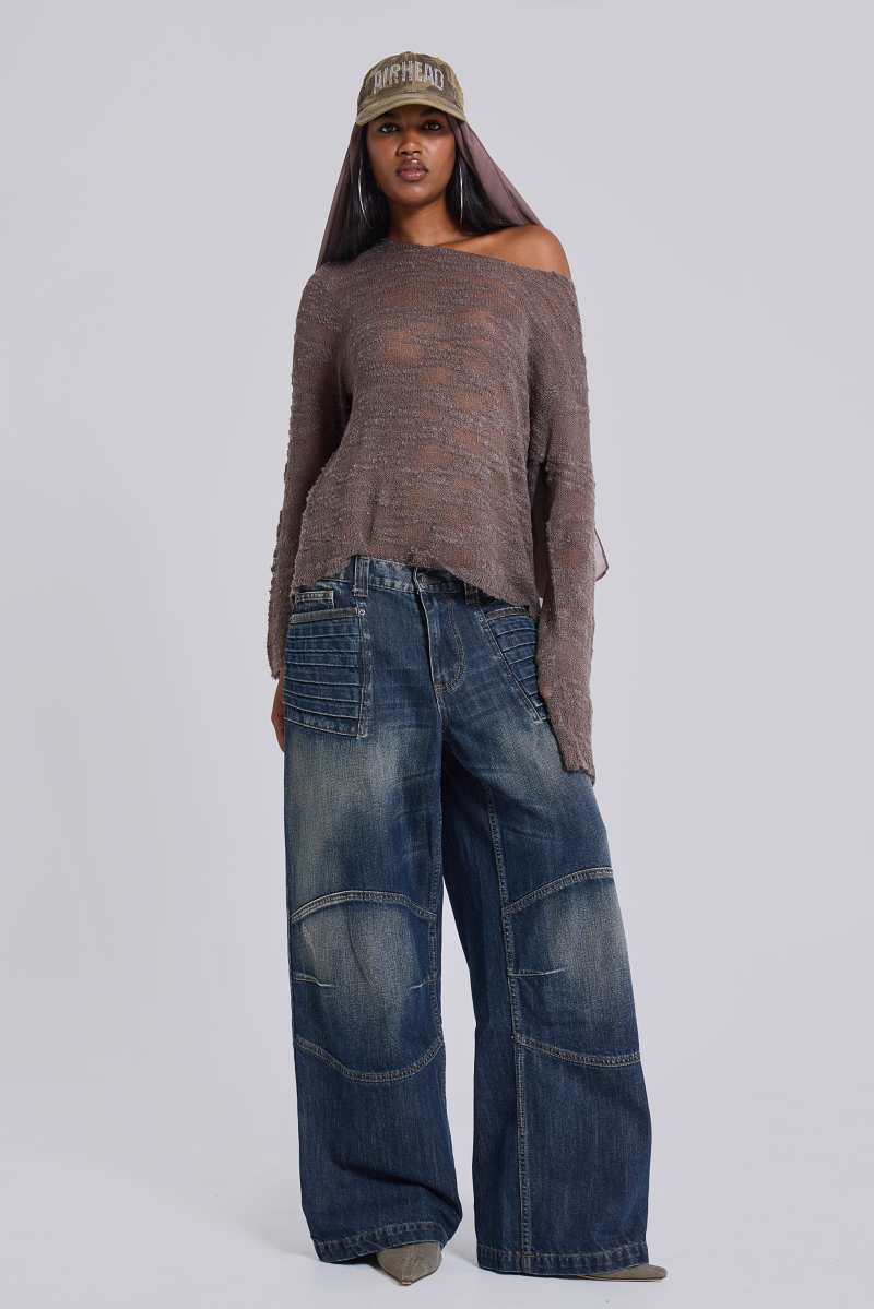 jaded london Mid Blue Crash Biker Colossus Jeans Blue