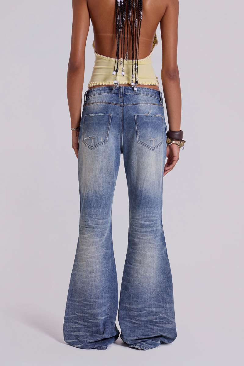 Jaded London Mid Blue Distressed Creased Drift Flared Jeans Blue