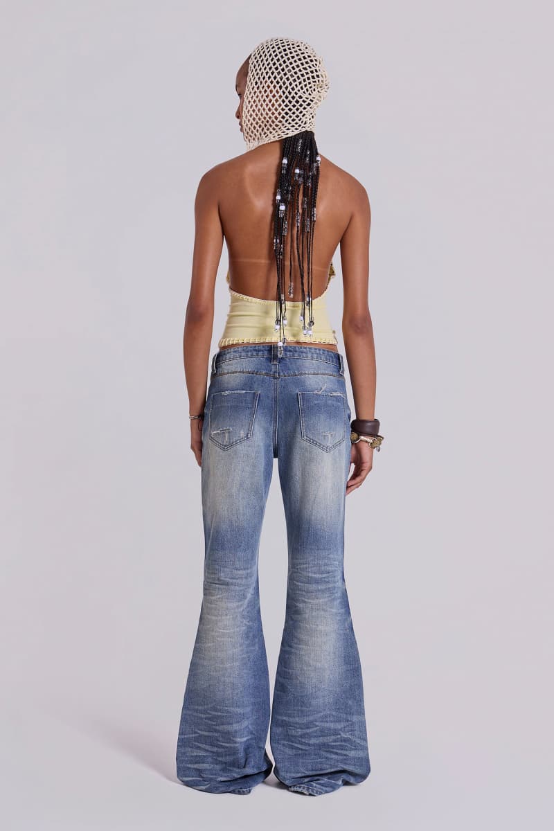 Jaded London Mid Blue Distressed Creased Drift Flared Jeans Blue