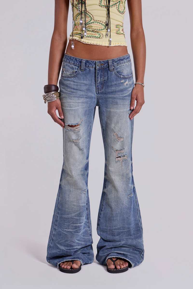 jaded london Mid Blue Distressed Creased Drift Flared Jeans Blue