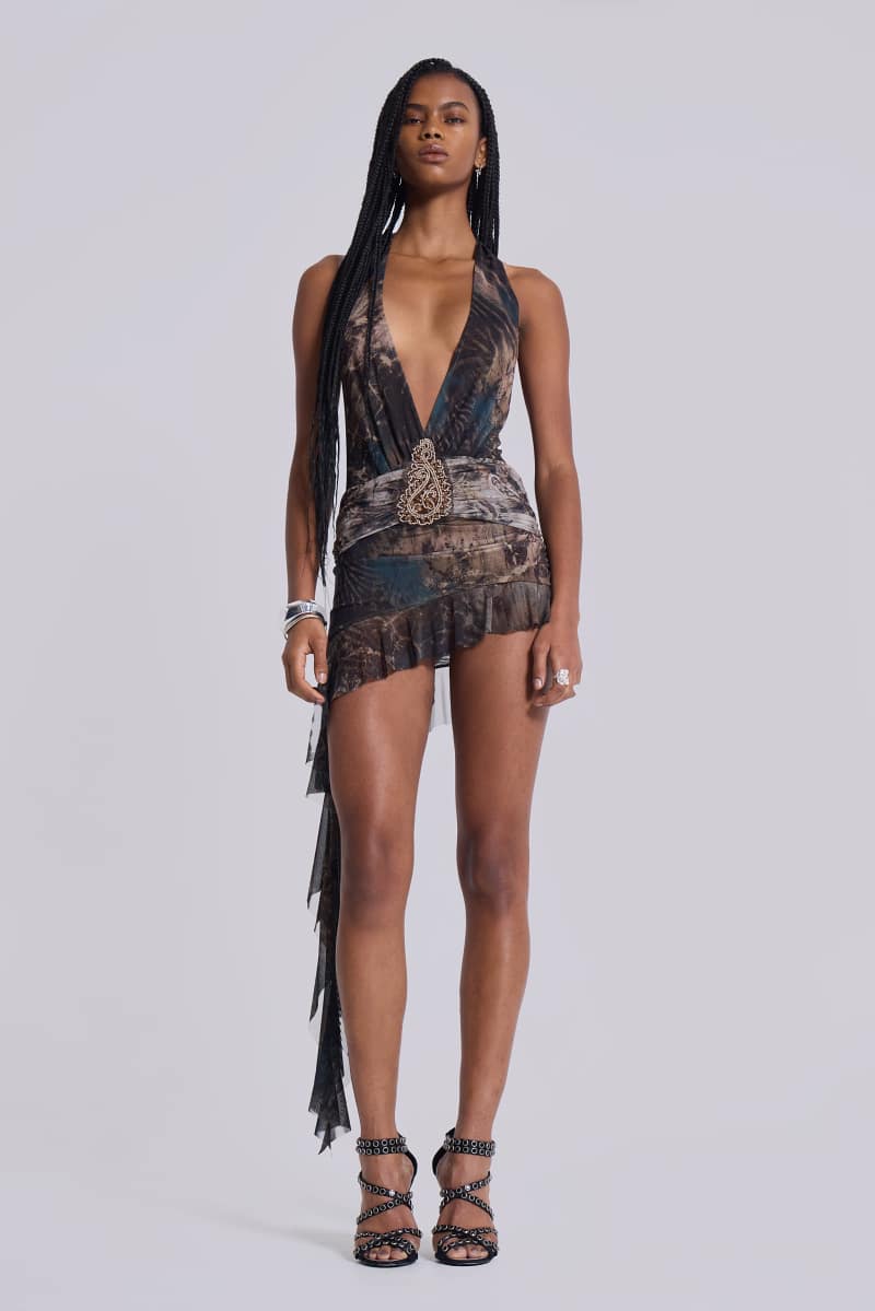 Jaded London Mini Cindy Plunge Dress In Brown Multi