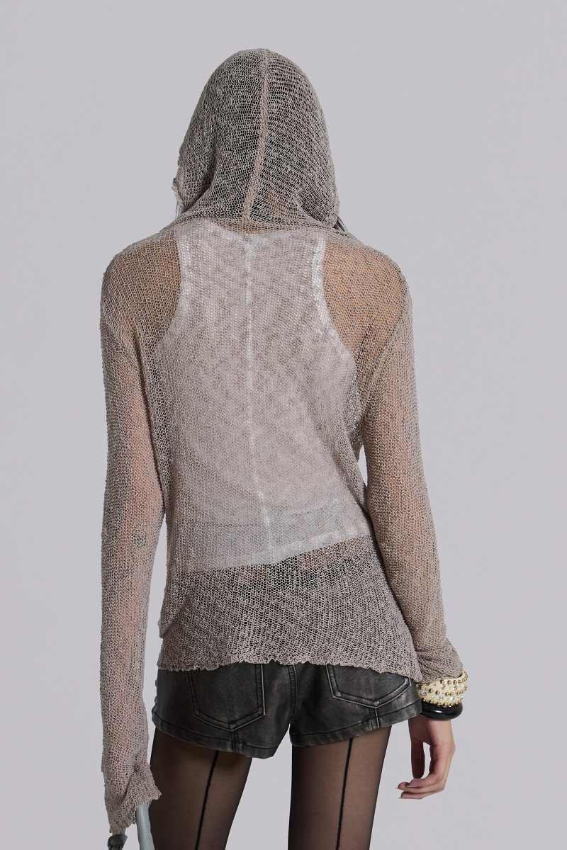 Jaded London Naia Loose Knit Hooded Top In Clay Grey