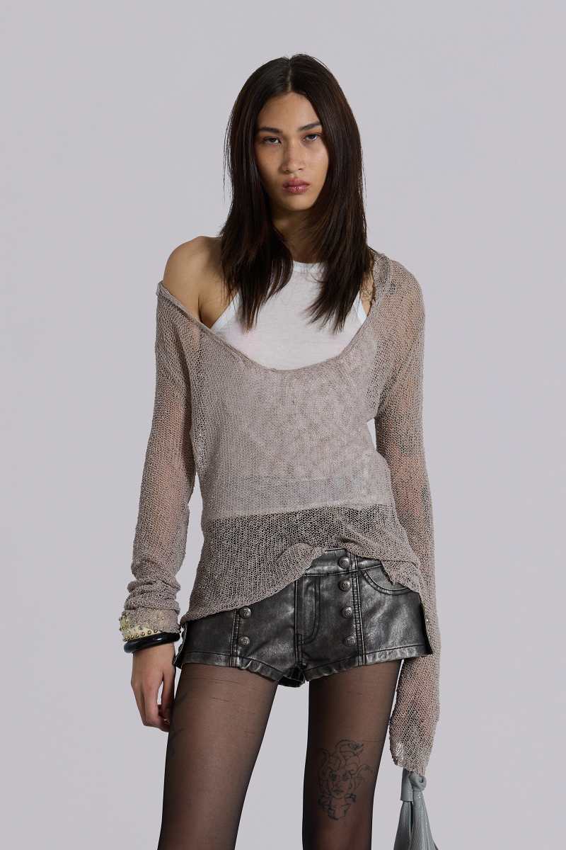 Jaded London Naia Loose Knit Hooded Top In Clay Grey