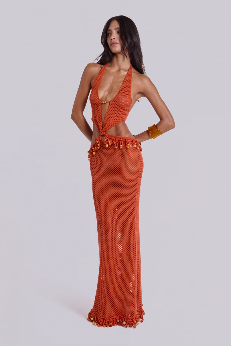 Jaded London Naida Beaded Crochet Maxi Dress Orange