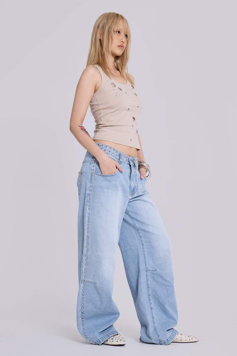 Jaded London Nailed Studded Colossus Jeans In Light Blue Wash Blue