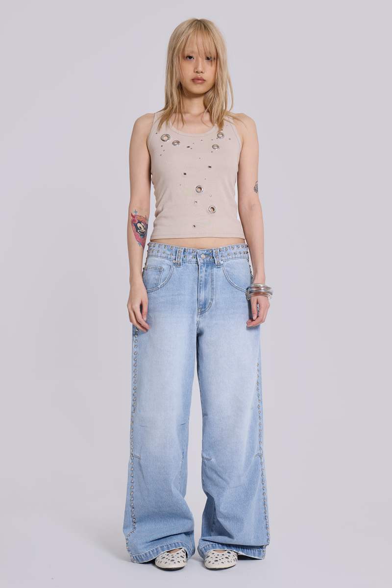 Jaded London Nailed Studded Colossus Jeans In Light Blue Wash Blue