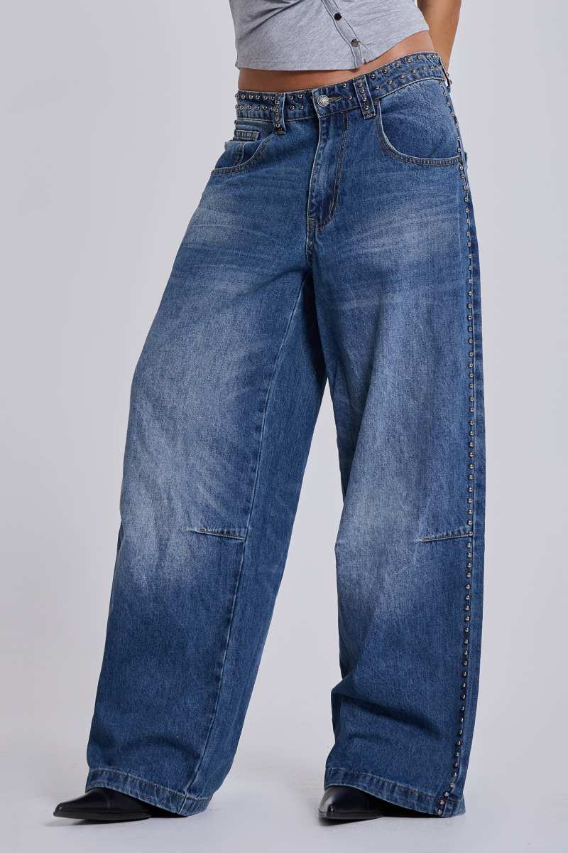 Jaded London Nailed Studded Colossus Jeans In Mid Blue Wash Blue