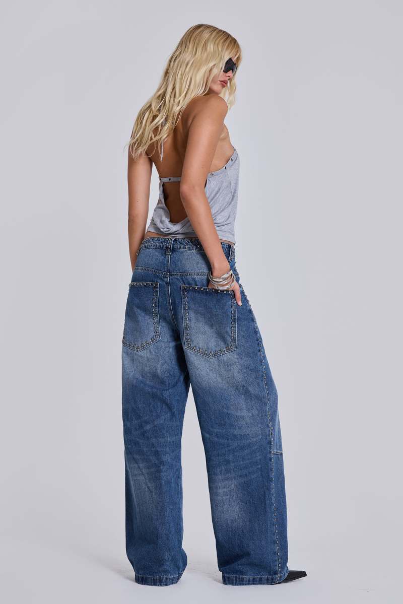 Jaded London Nailed Studded Colossus Jeans In Mid Blue Wash Blue