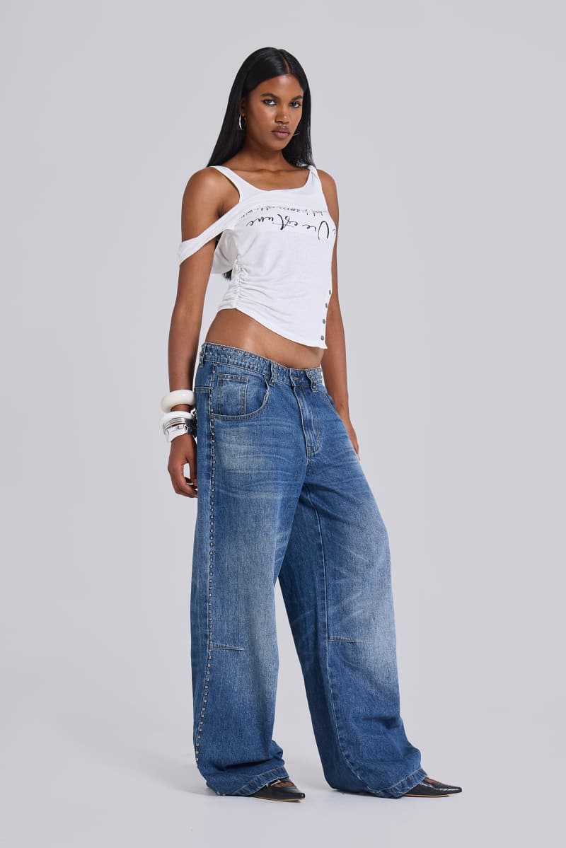 Jaded London Nailed Studded Colossus Jeans In Mid Blue Wash Blue