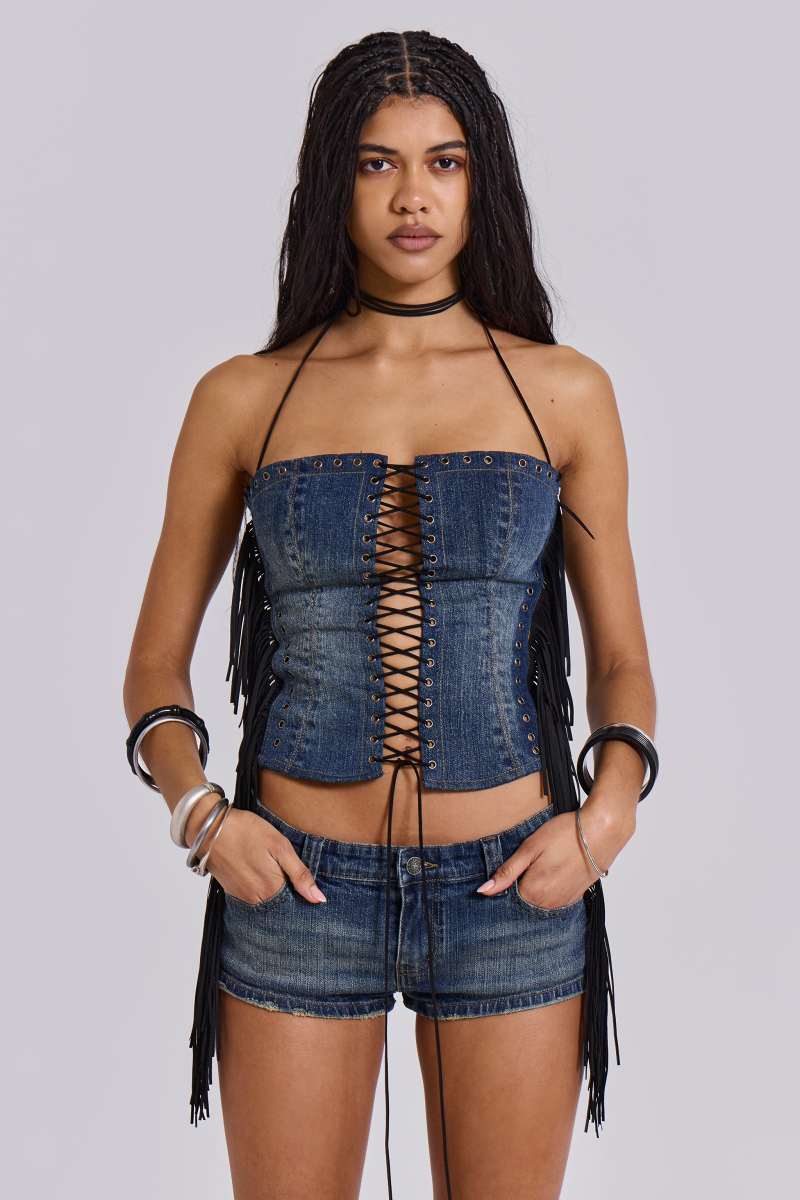 Jaded London Odile Denim Fringe Lace Up Corset Blue