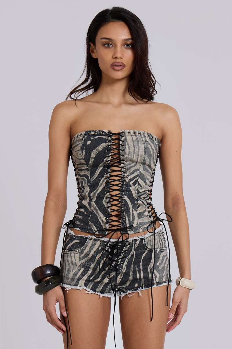 Jaded London Odile Zebra Faux Leather Lace Up Corset Multi