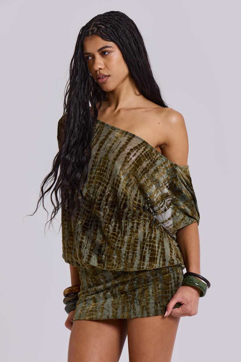 Jaded London Ophidian Devore Backless Mini Dress Green