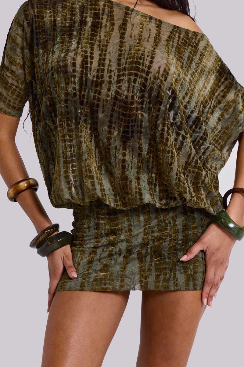 Jaded London Ophidian Devore Backless Mini Dress Green