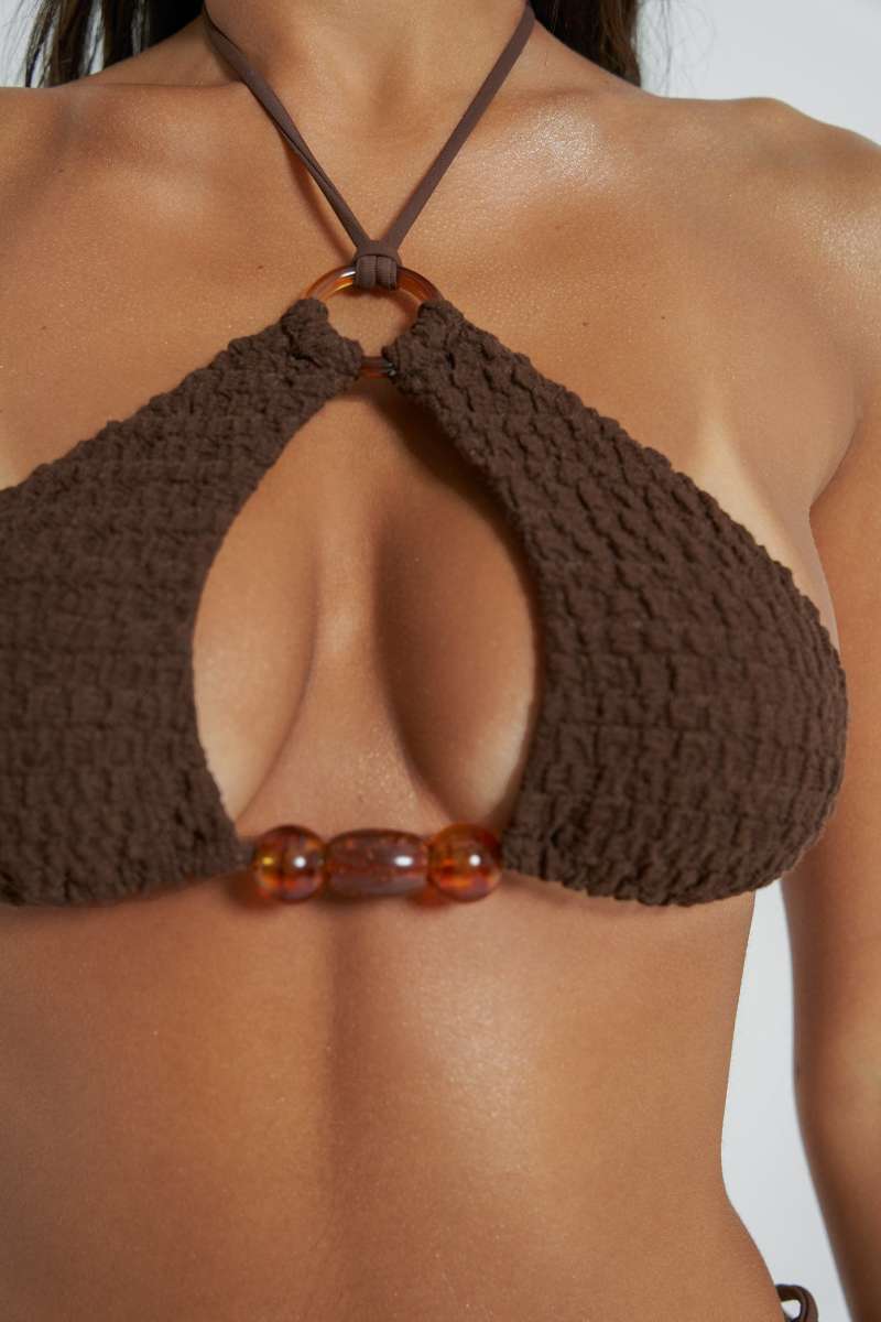 Jaded London Poseidon Zig Zag Knit Halter Bikini Top Brown