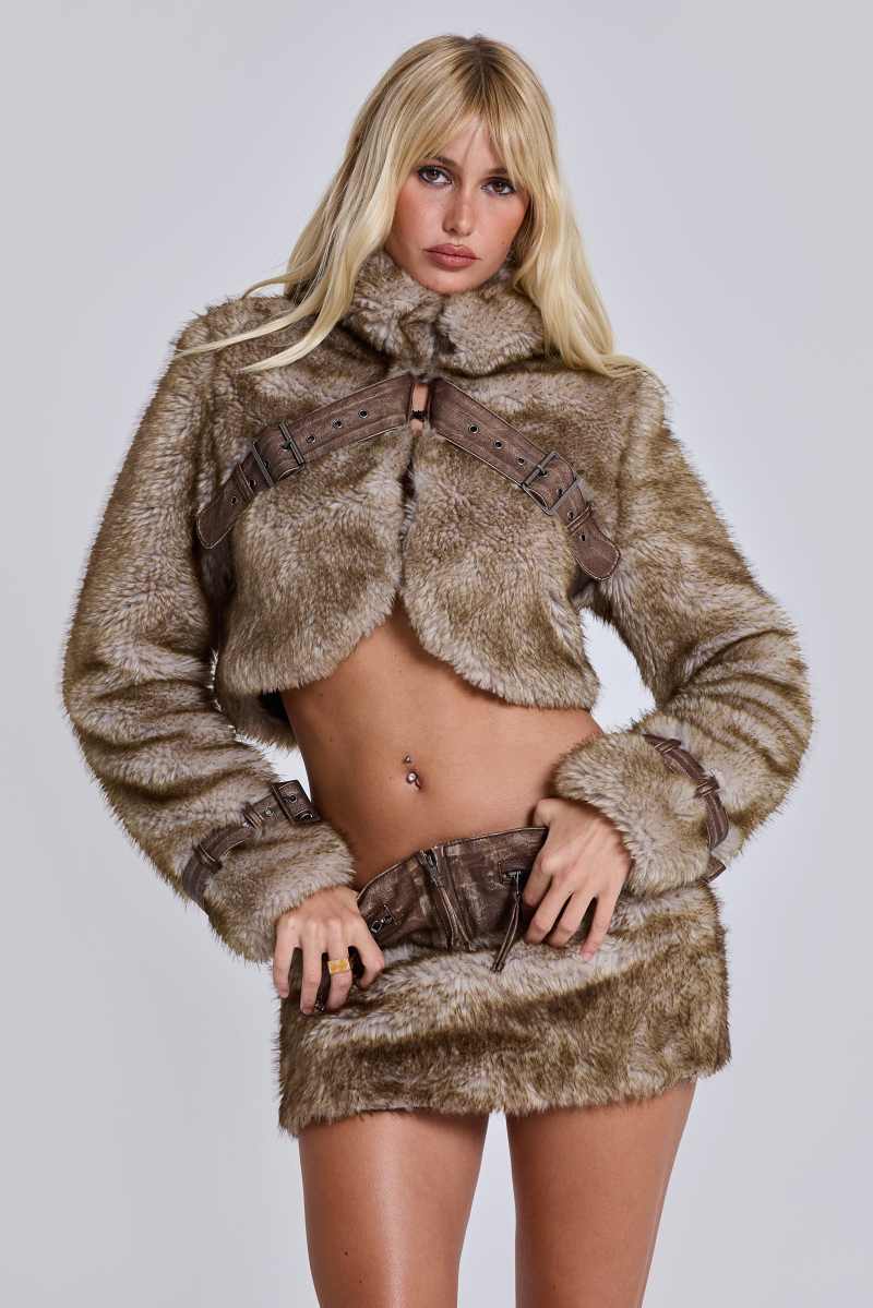 Jaded London Raven Faux Fur & Leather Crop Jacket Brown