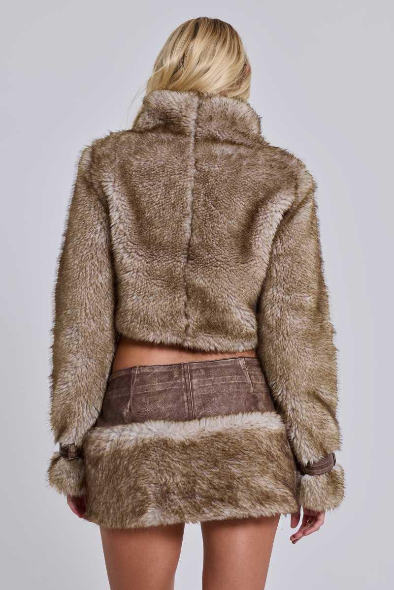 jaded london Raven Faux Fur & Leather Crop Jacket Brown