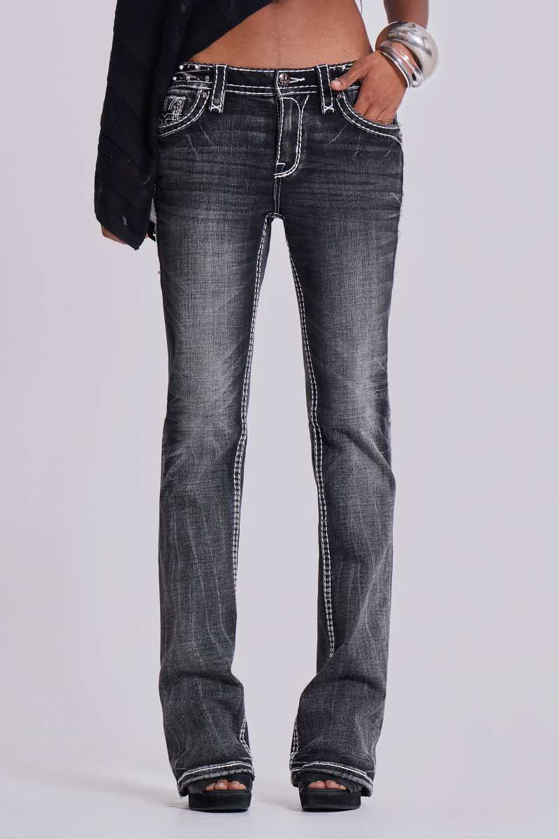 Jaded London Rock Revival Madison Bootcut Jeans In Washed Black Washed Black