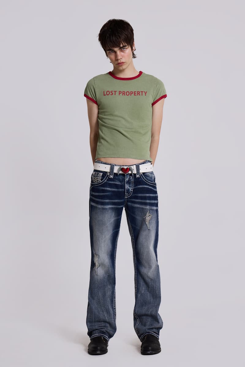 jaded london Rock Revival Mid Blue Gwen Flared Jeans Blue
