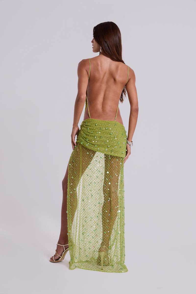 Jaded London Stellar Asymmetric Hand Beaded Maxi Dress In Lime Green