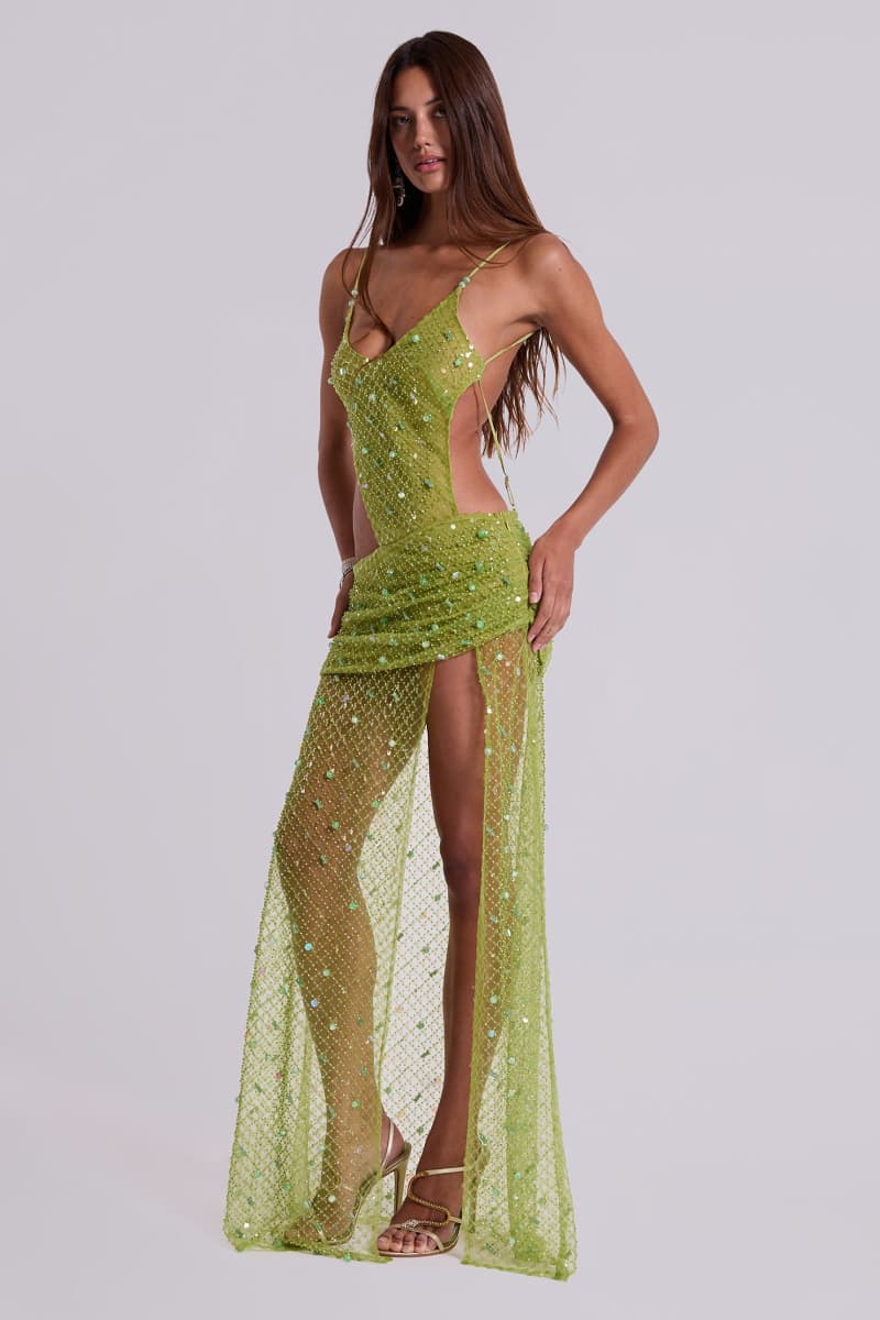 Jaded London Stellar Asymmetric Hand Beaded Maxi Dress In Lime Green