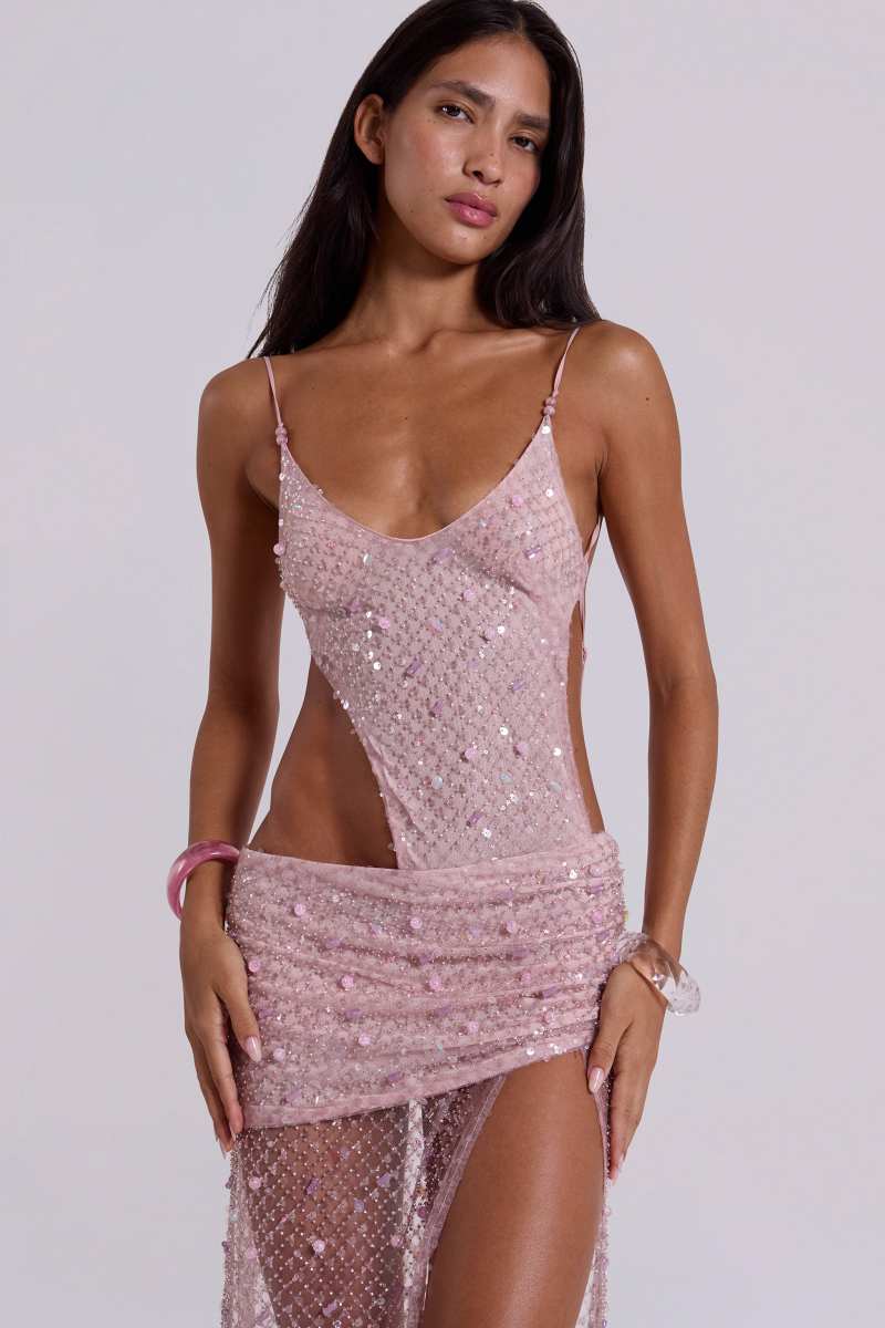 Jaded London Stellar Asymmetric Hand Beaded Maxi Dress In Pink Pink