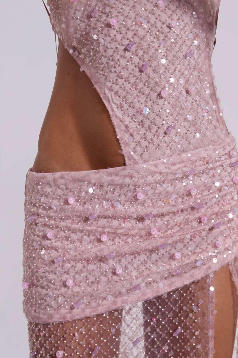 jaded london Stellar Asymmetric Hand Beaded Maxi Dress in Pink Pink