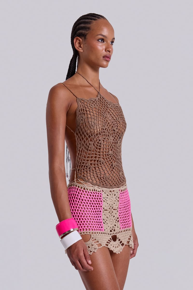 Jaded London Tahlia Backless Crochet Dress Brown/Pink