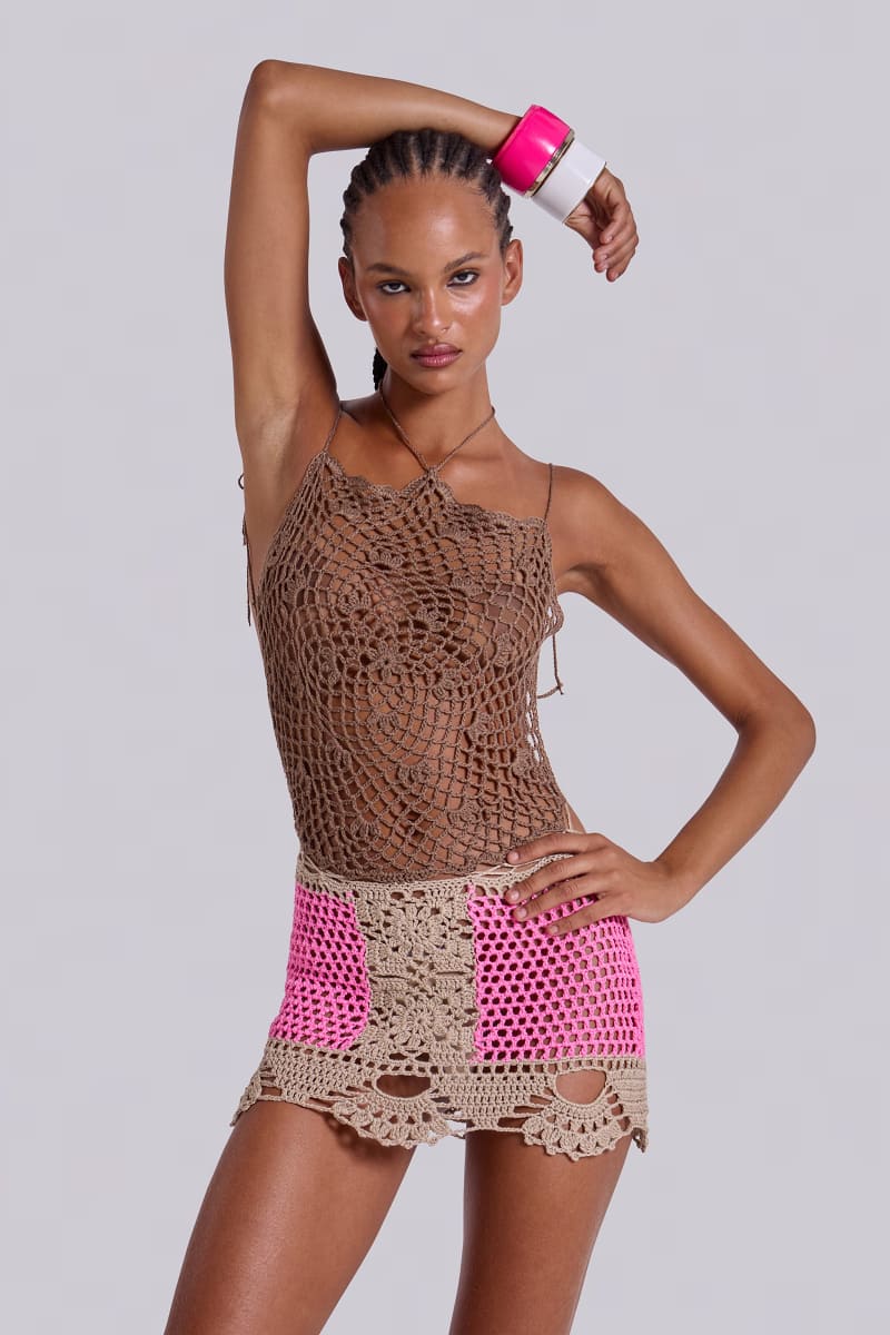 Jaded London Tahlia Backless Crochet Dress Brown/Pink