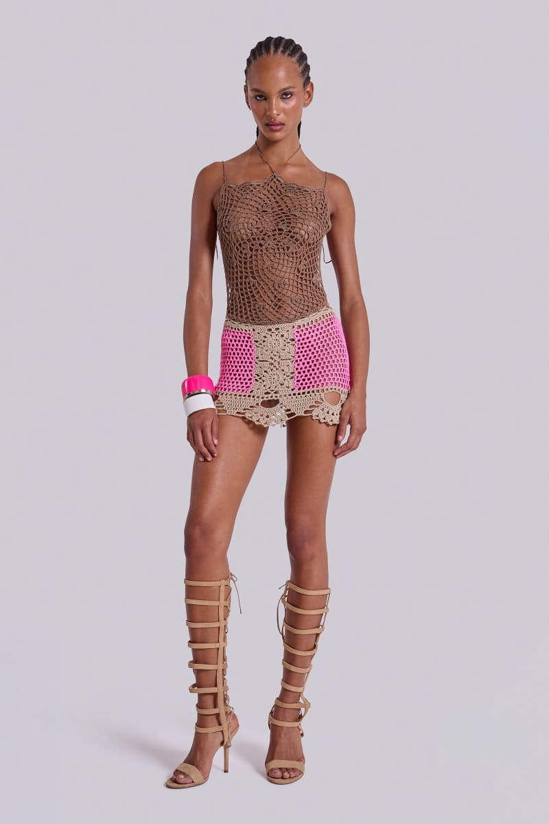 Jaded London Tahlia Backless Crochet Dress Brown/Pink