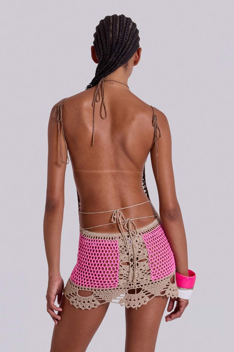 jaded london Tahlia Backless Crochet Dress Brown/Pink