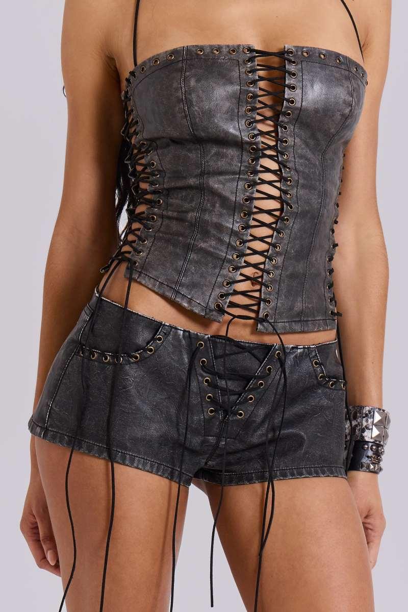 jaded london Vaca Whipstitch Faux Leather Mini Shorts in Black Black