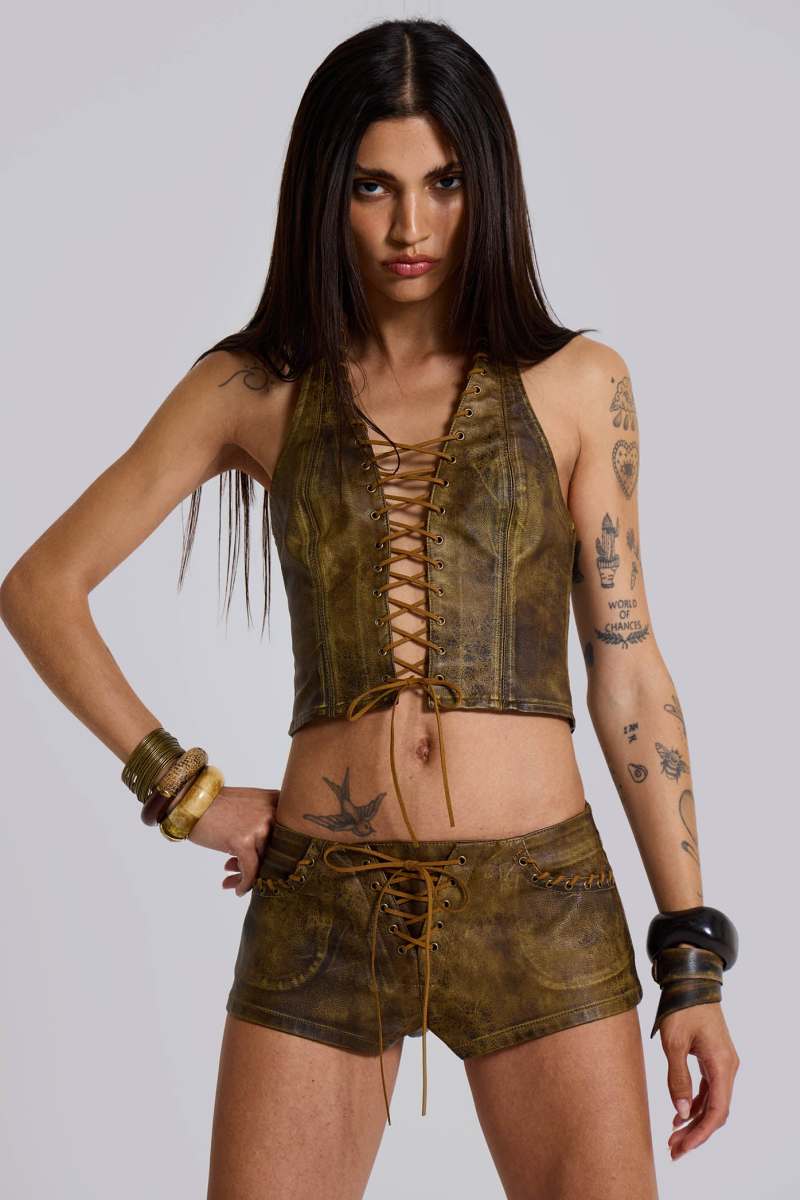 Jaded London Vaca Whipstitch Faux Leather Mini Shorts In Brown Brown