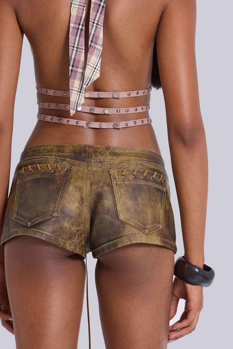 jaded london Vaca Whipstitch Faux Leather Mini Shorts in Brown Brown