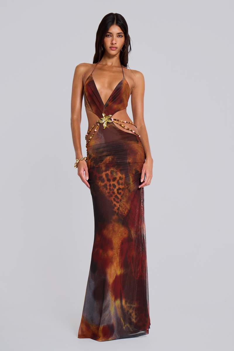 Jaded London Vida Backless Maxi Dress In Whiskey Multi