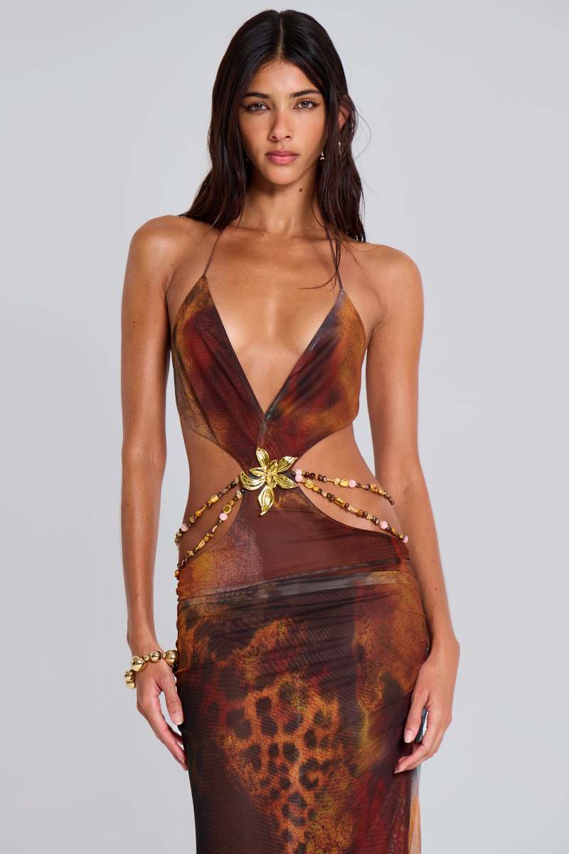 jaded london Vida Backless Maxi Dress in Whiskey Multi
