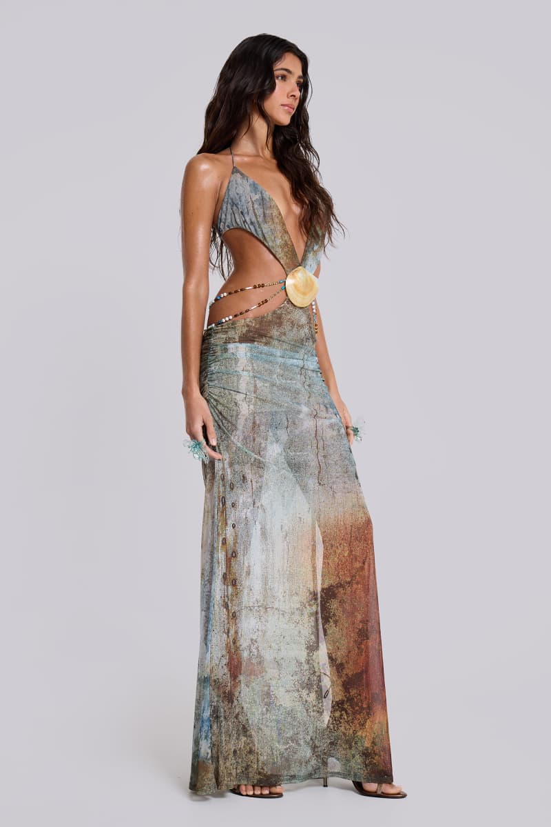 Jaded London Vida Backless Maxi Dress With Shell Trim In Marine Blue
