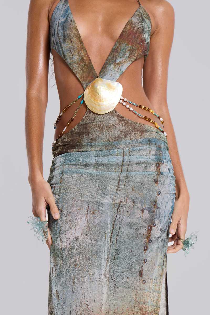 Jaded London Vida Backless Maxi Dress With Shell Trim In Marine Blue