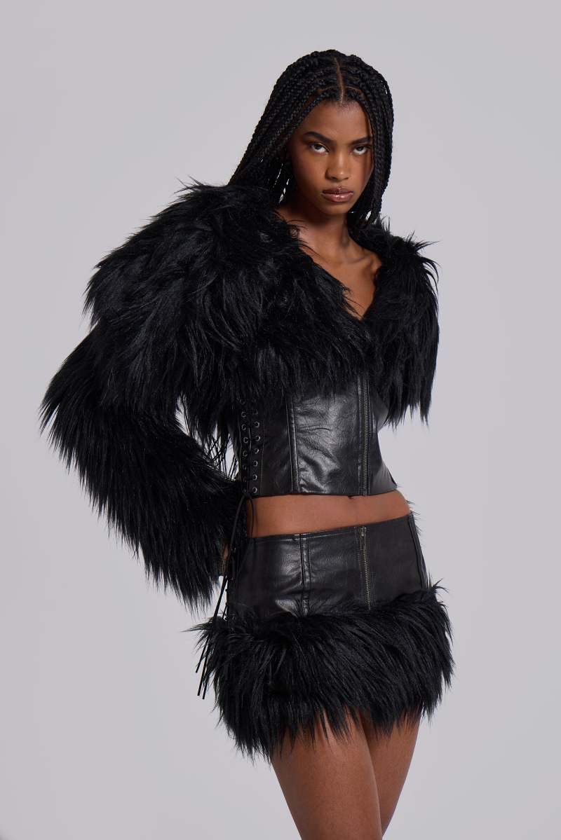 jaded London Viera Faux Fur And Leather Jacket Black